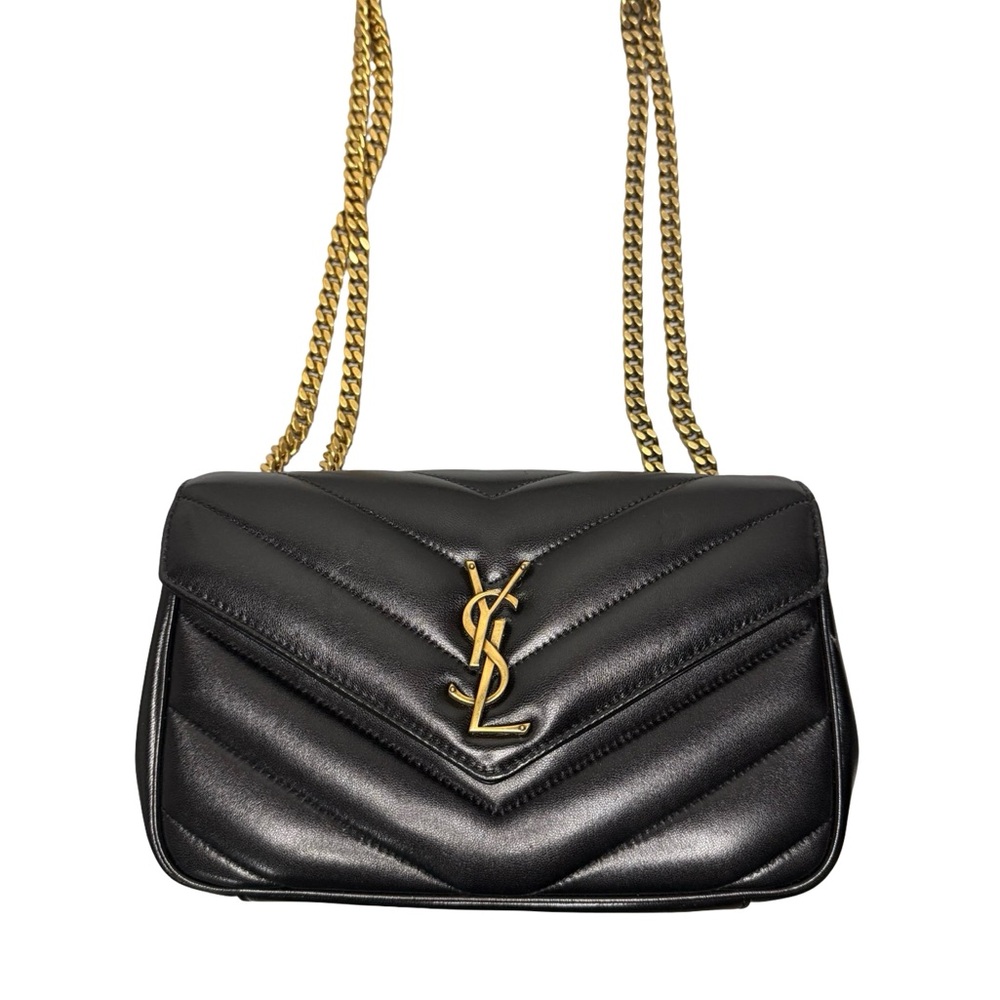 Yves Saint Laurent Black Leather Shoulder Bag with Gold Chains